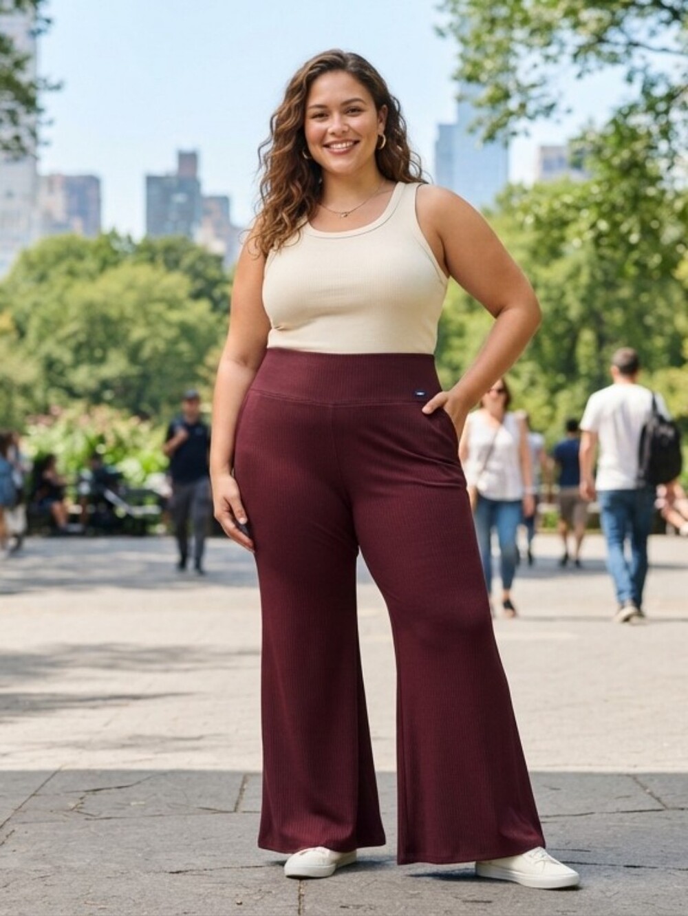 High Waisted Go Dry Pixie Super Wide Flare Leg Rib Knit Pants. Burgundy Size 4x